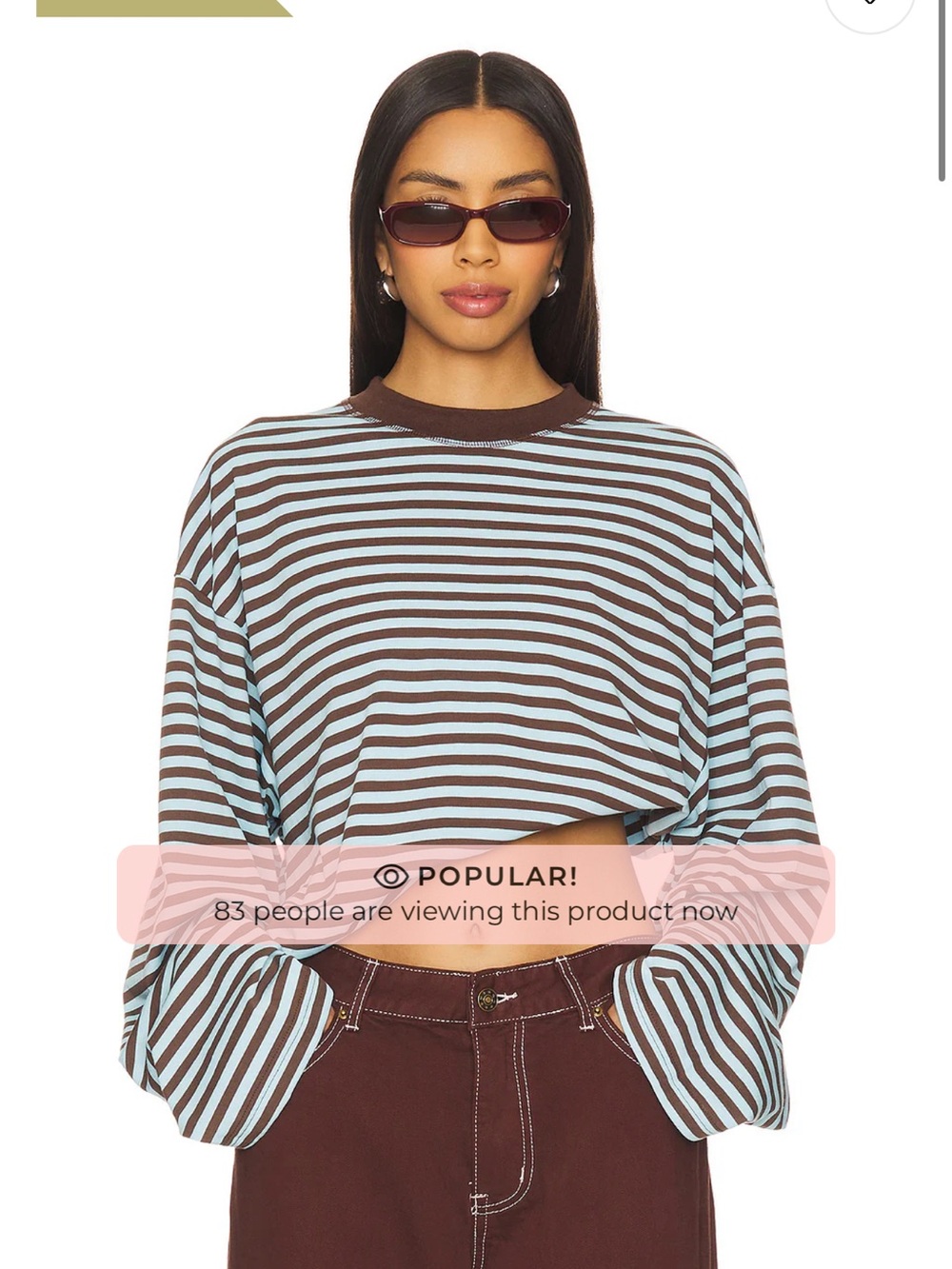 Lioness Striped Cropped Long-Sleeve Top in Light Blue and Brown